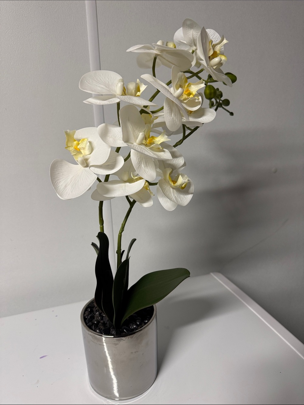 White Orchid Faux Plant in Silver Pot - Home Accents